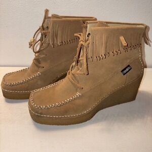Candies Wedge Heel Ankle Boots Fringe Suede Lace Up Tan VTG Y2K Size 8 1/2